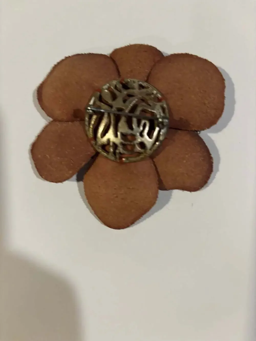 Vintage Brown Leather Beaded Flower Brooch Pin with Stone Center